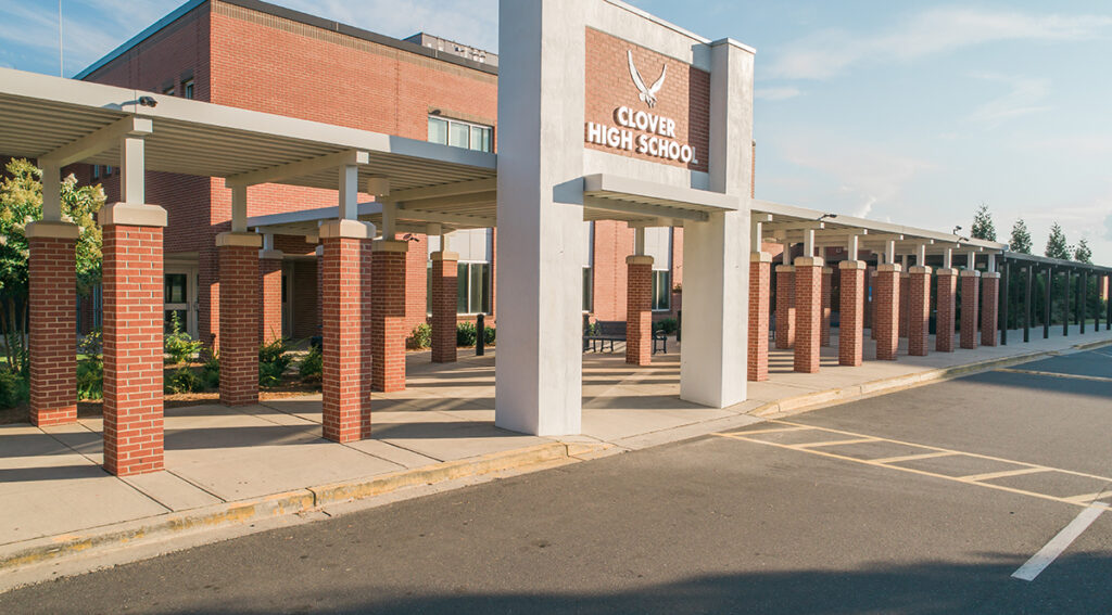 Entrance of Clover High School near Charlotte NC.