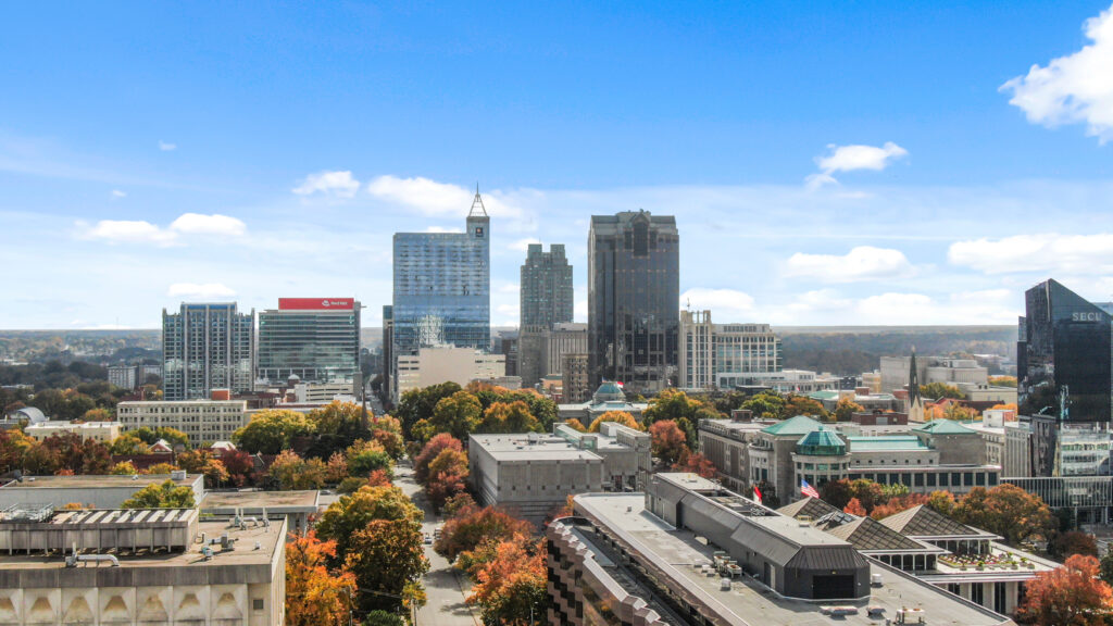 Aerial view of city buildings in Raleigh, NC