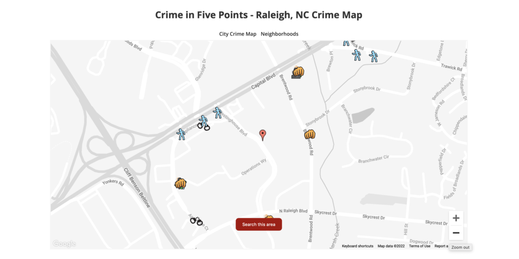 Spotcrime.com's crime reporting map of Five Points near Raleigh, NC.