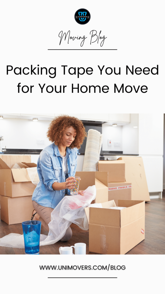downloadable graphic reading, "moving blog, packing tape you need for your home move"