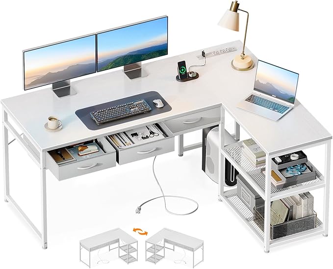 ODK 53 Inch L Shaped Computer Desk with Drawers, Corner Desk with Power Outlets & Reversible Storage Shelves, Movable CPU Stand for Home Office Gaming, White