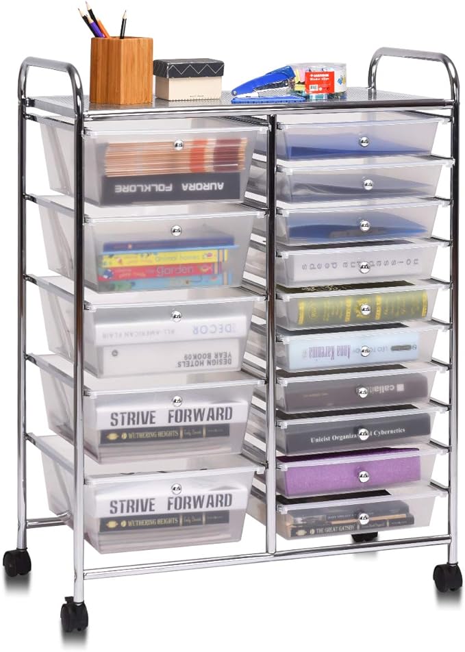 Giantex 15 Drawer Rolling Storage Cart Tools Scrapbook Paper Office School Organizer, Clear