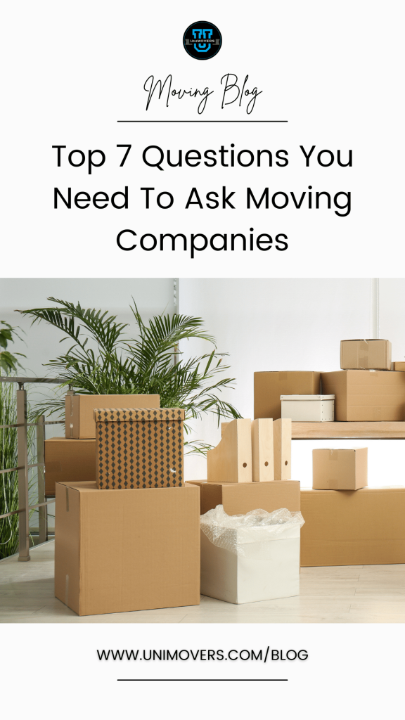 Pinterest graphic reading, "top 7 questions you need to ask your moving company"