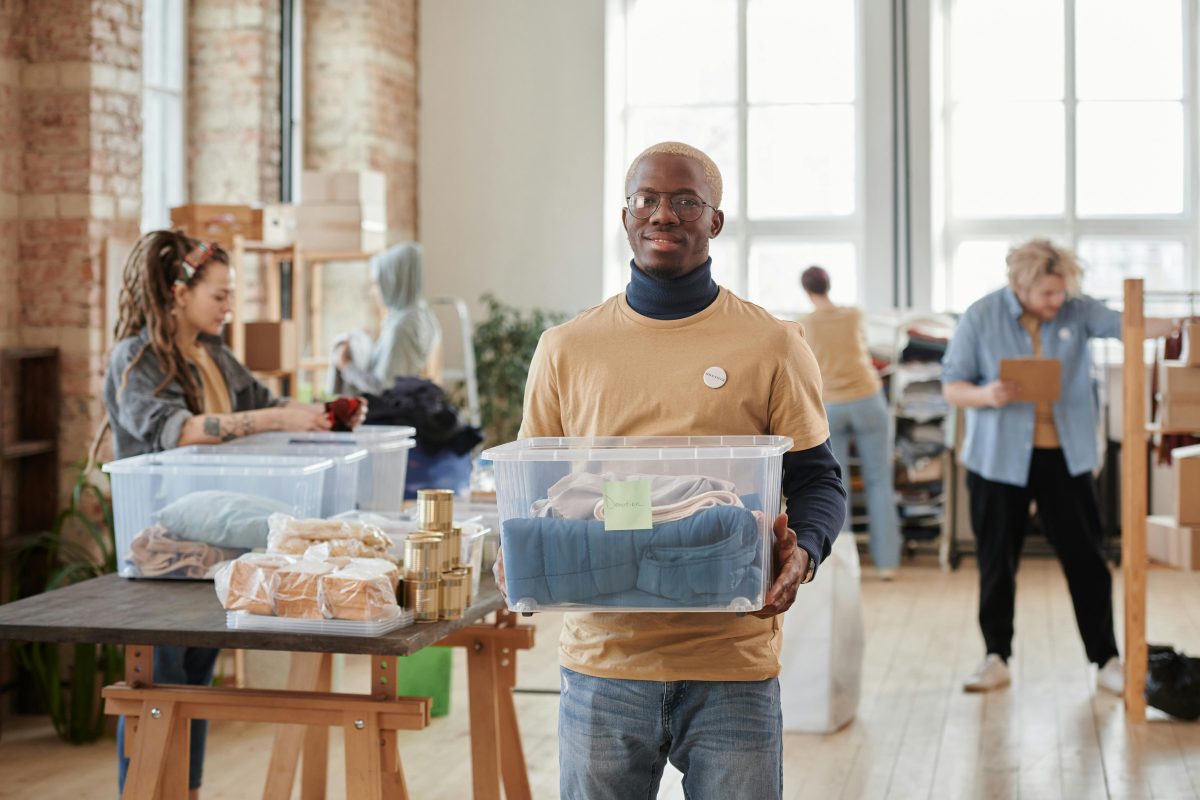 Volunteers working at a donation drive