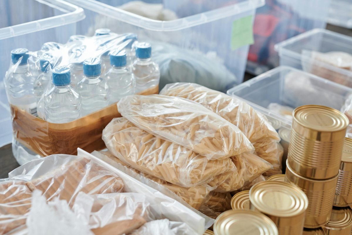 Foodstuffs being distributed in a food pantry