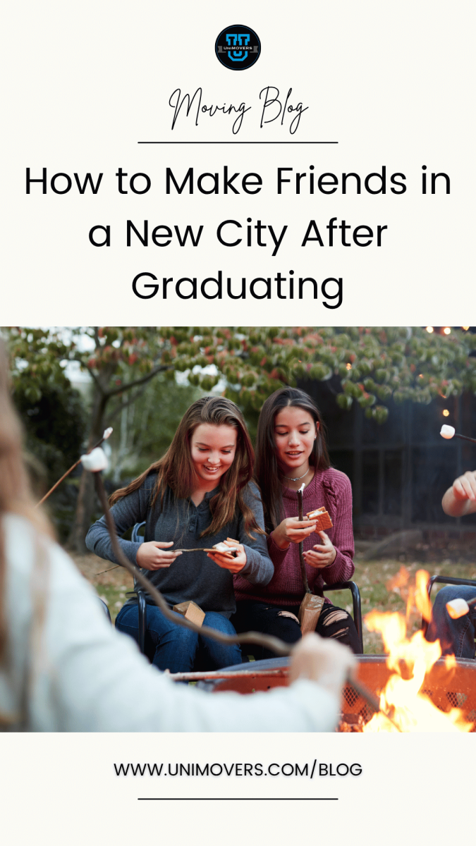Graphic reading. "Moving blog, How to make friends in a new city after graduating"