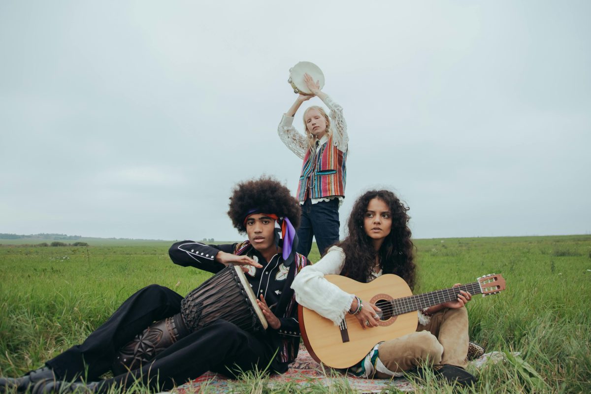 Folk musicians in a field