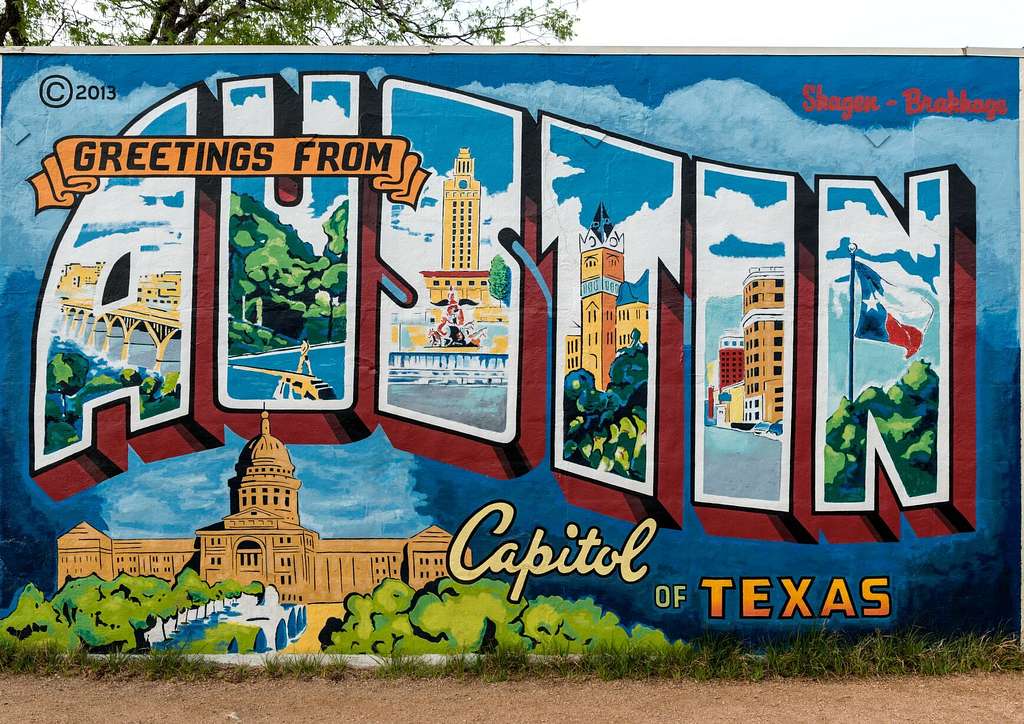Greetings from Austin, Texas postcard mural
