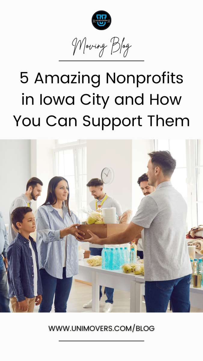 Graphic reading, "Moving blog, 5 Amazing Nonprofits in Iowa City and How You Can Support Them"