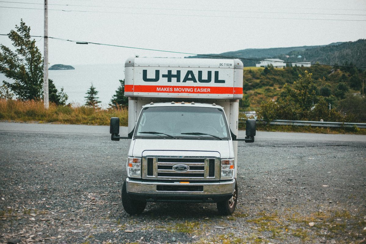 Front of a U-Haul moving truck rental