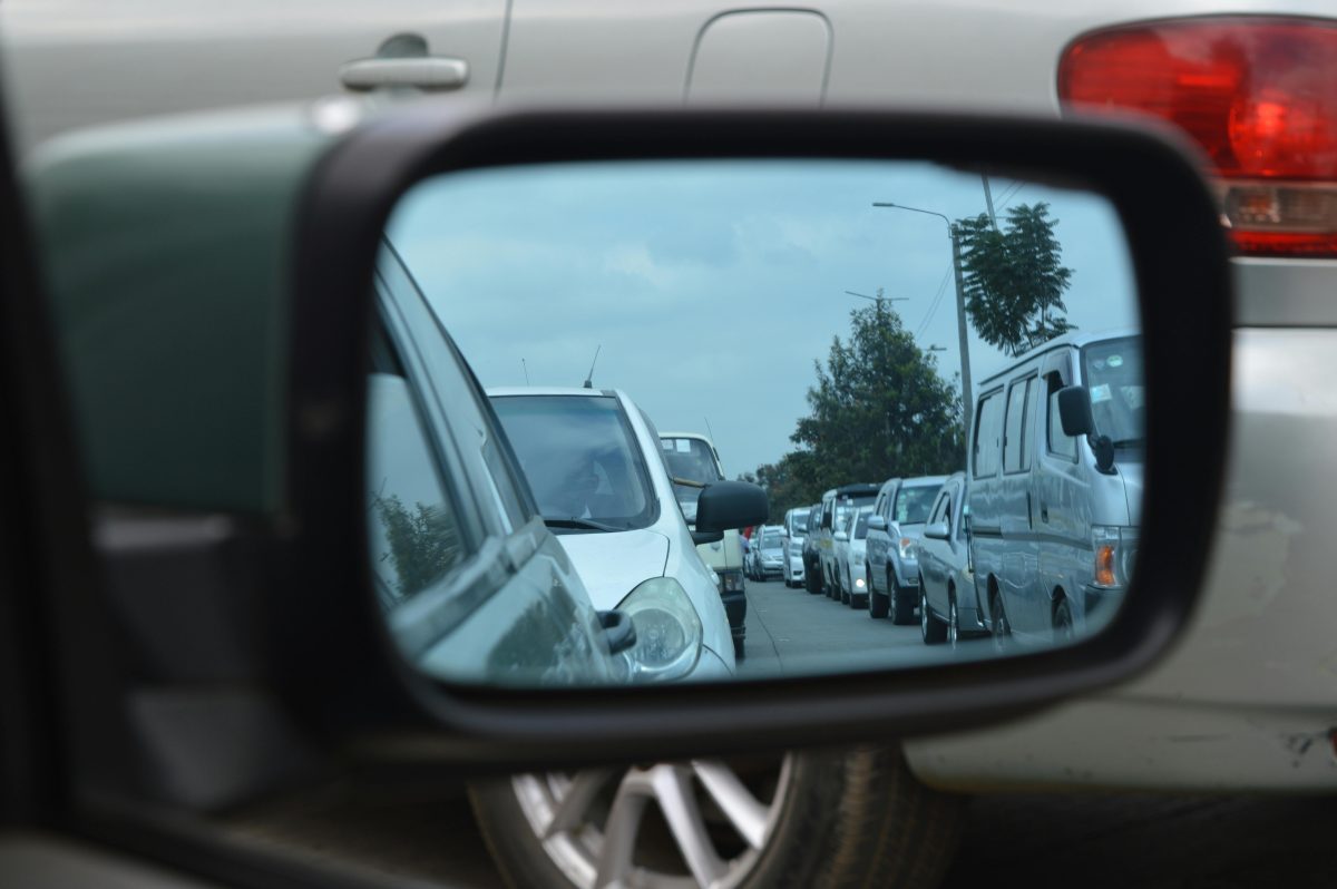 Traffic in a car's mirror