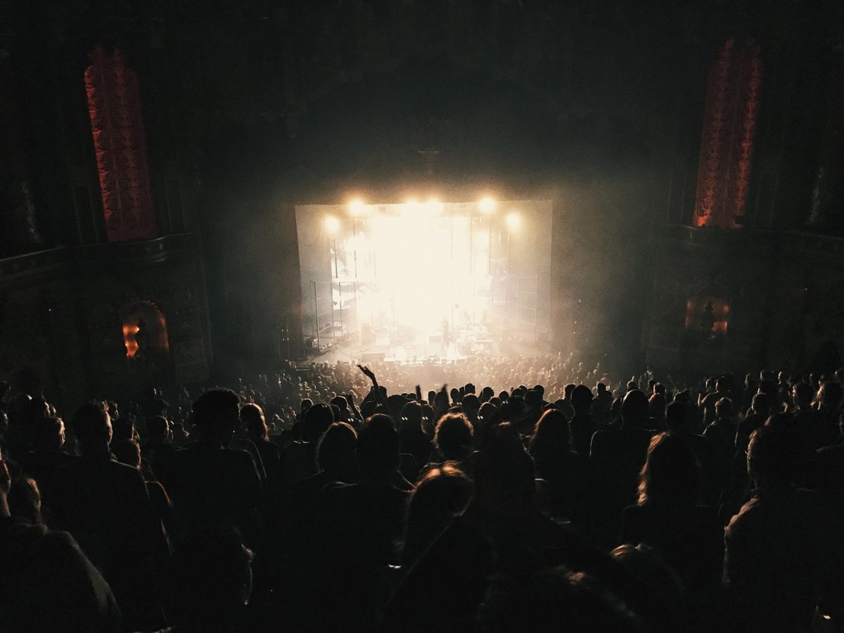 Audience watching a live concert in a dark venue