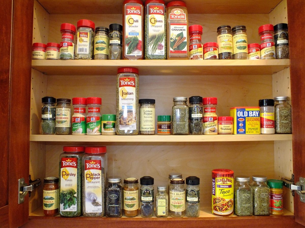 Spices and canned goods in a pantry