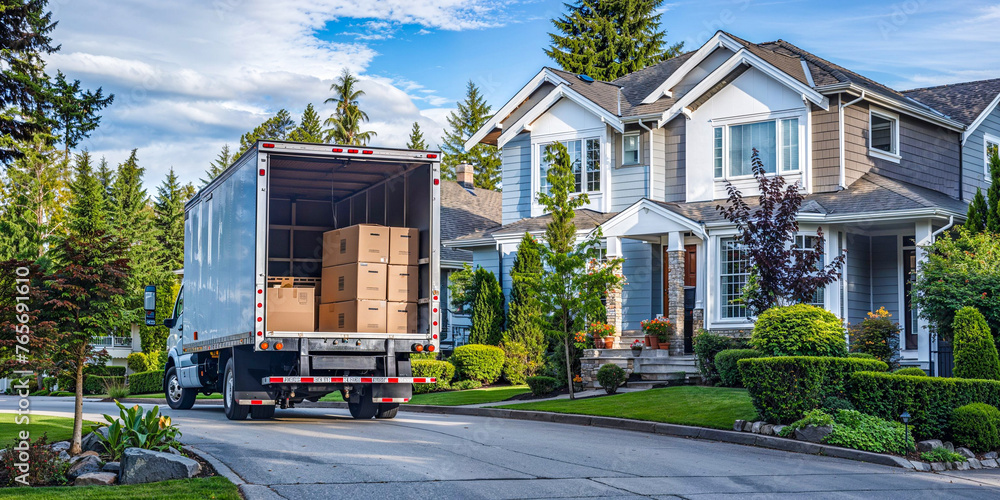 Open moving truck in the driveway of a suburban house